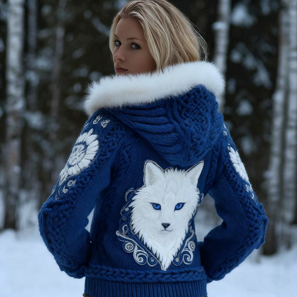 Comstylish Viking Retro Style Cat Embroidery Pattern Women's Knit Hooded Sweater Jacket