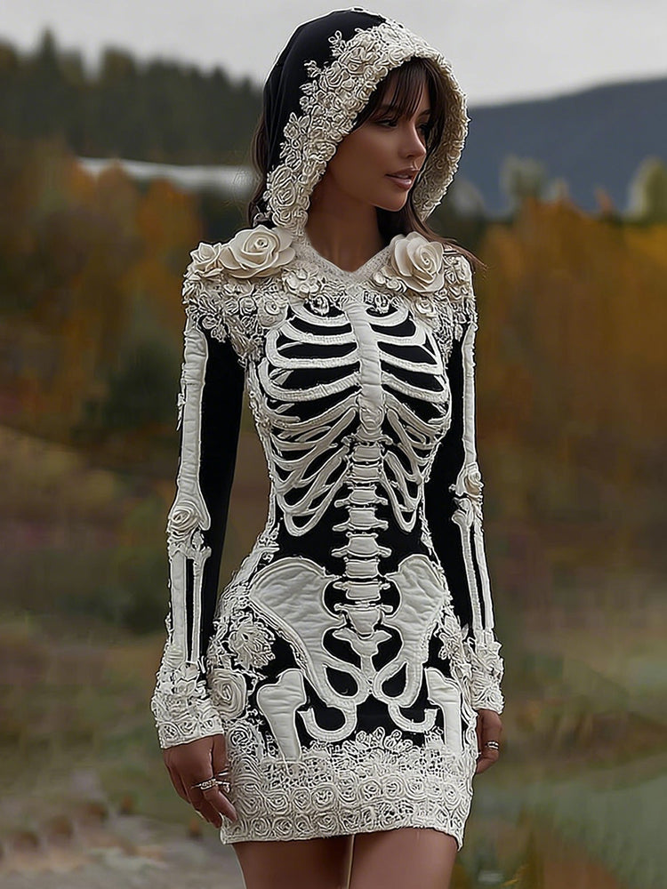 Women's Vintage Halloween Skeleton Bones With Rose Art Cozy Knit Hooded Sweater Dress artswardrobe