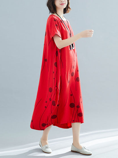 Loose Short Sleeves Printed Round-neck Midi Dresses