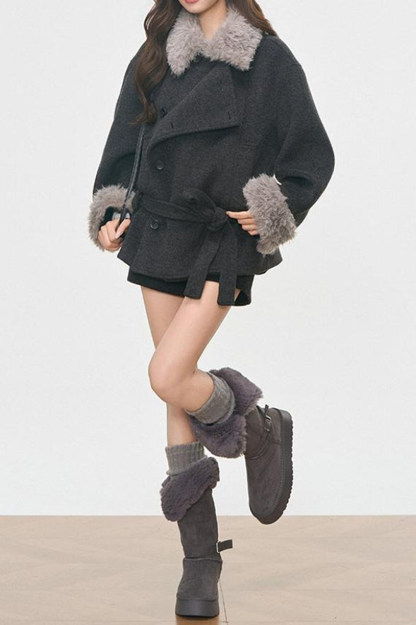 Fur Collar Fur Cuffs Short Woolen Coat