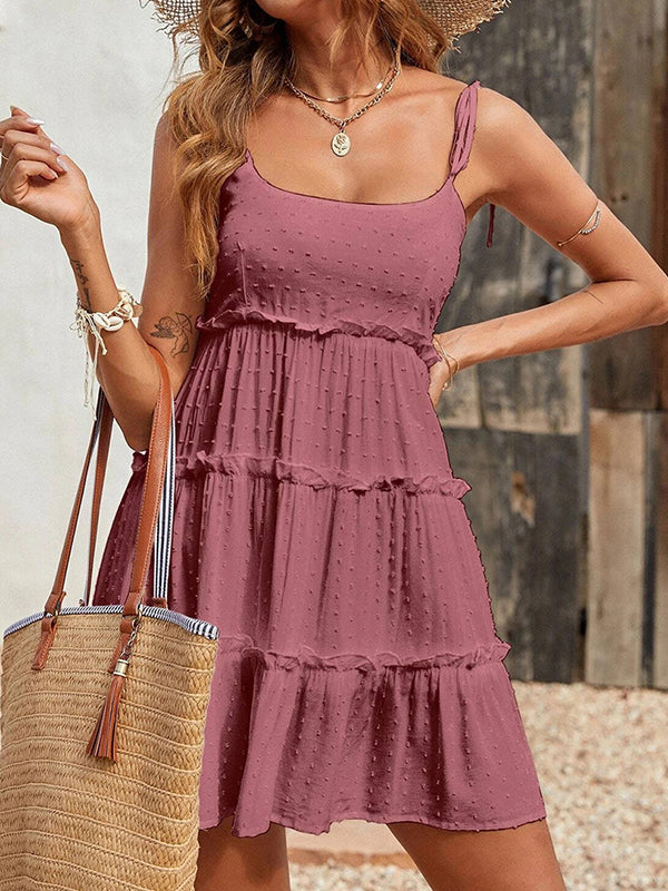 A-line Loose Jacquard Layered Pleated Color Split-joint Spaghetti-neck Mini Dresses