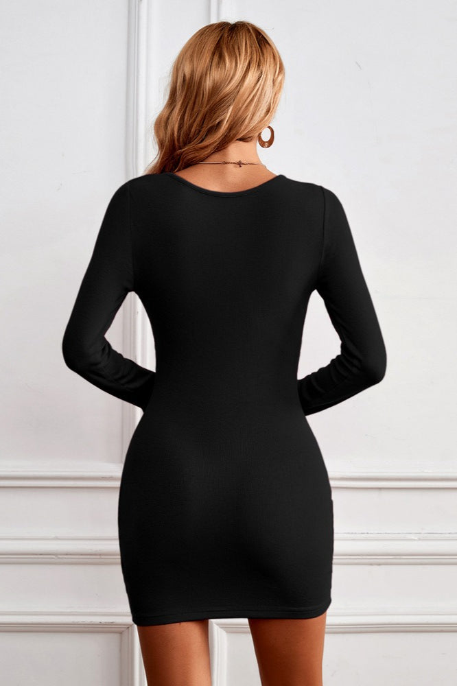 Buttoned U-neck Bodycon Sweater Dress