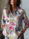 Women's Vintage Floral Art Print Casual Cotton And Linen Shirt elevenforest