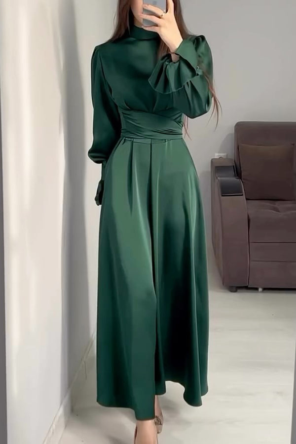 Color Ruffled Sleeves Waisted Tie Slim Fit Maxi Dress