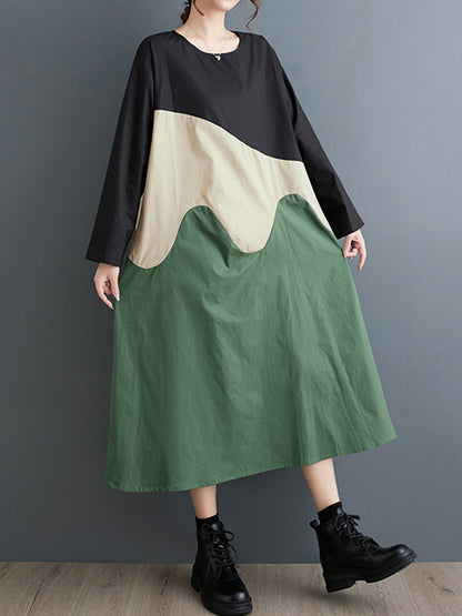 A-line Long Sleeves Asymmetric Contrast Color Split-joint Round-neck Midi Dresses