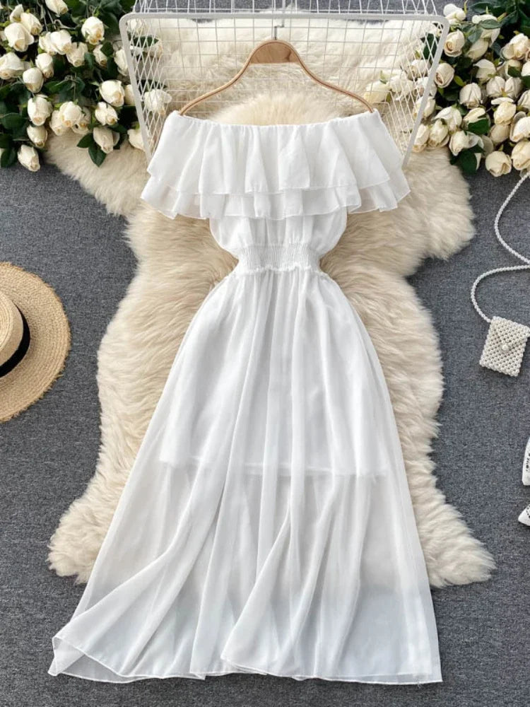 Chiffon Beach Dress Double Layer Ruffled Off the Shoulder Dresses Sweet Slash Neck Long Dress