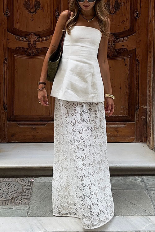 Elastic Waistband Lace Hollow Out Maxi Skirt