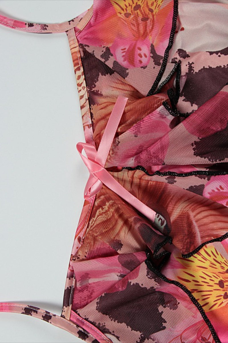 Tie Strapless Ruffled Print Bodycon Maxi Dress
