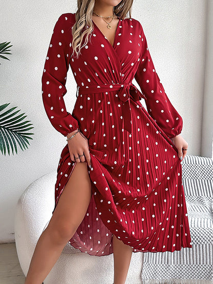 A-line High Waisted Elasticity Pleated Polka-dot Split-joint Tied Waist V-neck Midi Dresses Shirt Dress