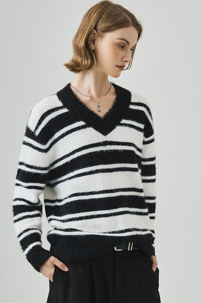 Oversized Striped V-neck Sweater