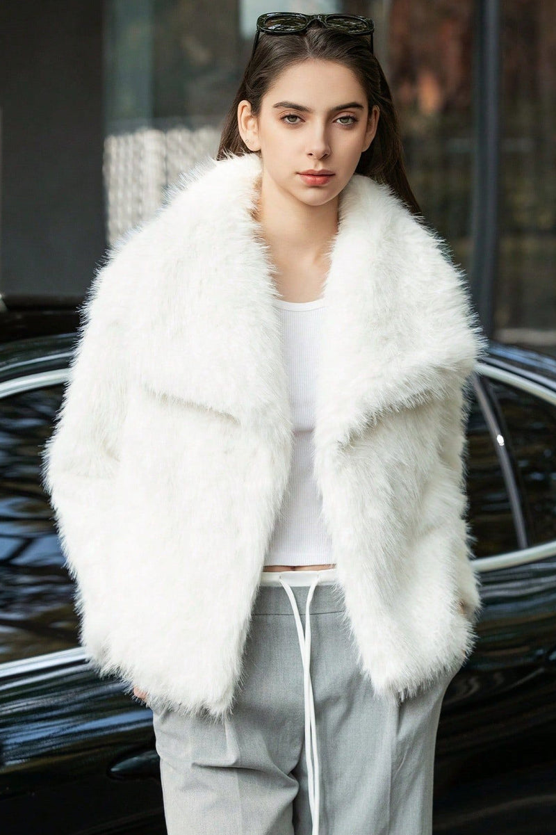 Plush Color Faux Animal Fur Warm Notch Collar Coat