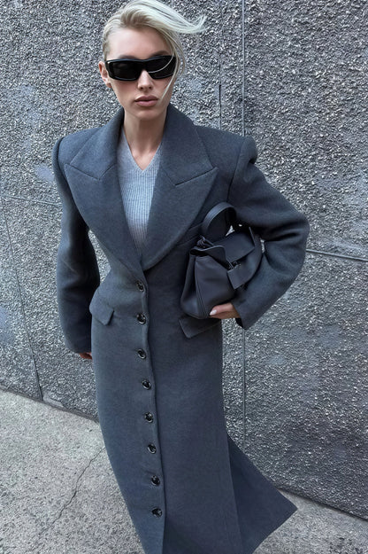 Wool Blend Lapel High Waist Long Overcoat