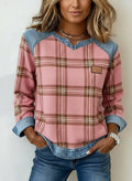 Women'S Casual V Neck Denim Patchwork Plaid Print Pullover Sweatshirt 