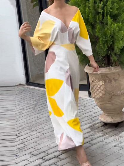 Loose Raglan Sleeve High-waisted Printed Deep V-neck Maxi Dresses