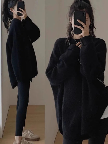 Oversized Knitted Sweater Autumn Winter O-neck Korean Mid Length Loose Pullover Knitwear Top