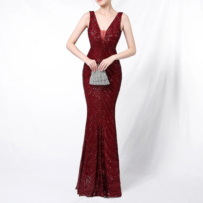 Backless Sequined Evening Dress High Waist Slim See Though Graduation Dress Party Long Dresses for