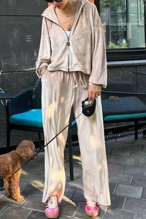Velvet Zip-up Hooded Top and Elastic Waist Wide Leg Pants Set