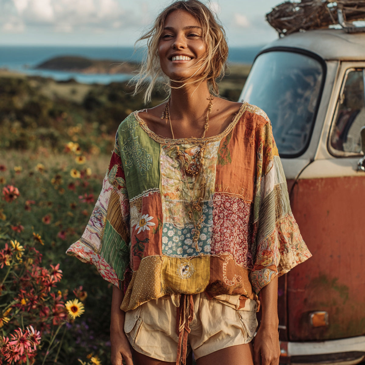 Countryside Style Collection Classy Patchwork Floral Pattern Art Linen Round Neck Tshirt elevenforest