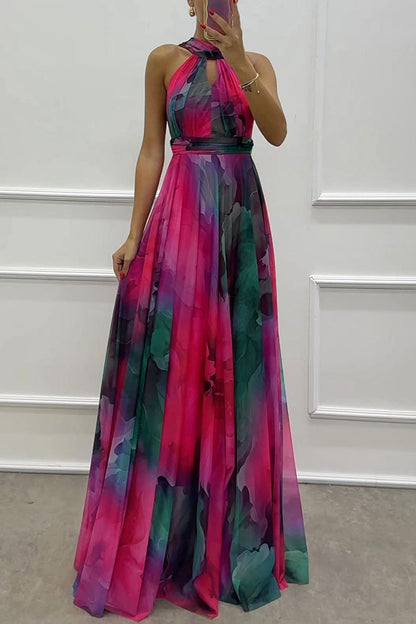 Elaine Tulle Splash Print Cutout Halter Tie-up Neck Gown Maxi Dress