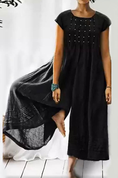 Ruched Short Sleeve Wide Leg Baggy Jumpsuit