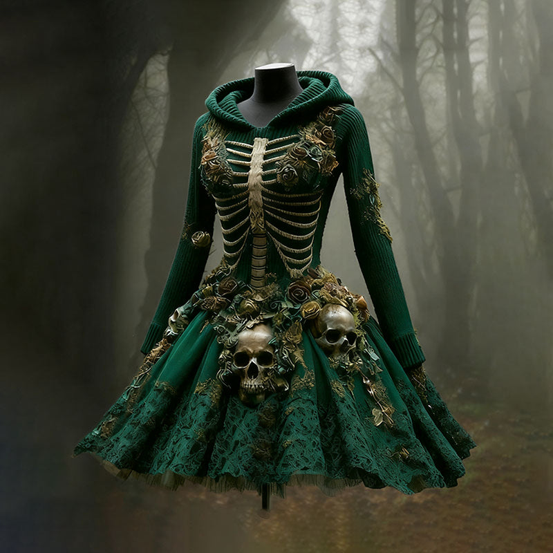 Women's Halloween Skull Flower Moss Witch Sweater Dress artswardrobe