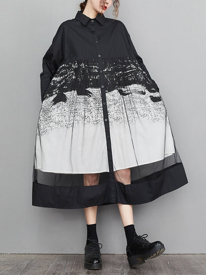 A-line Long Sleeves Buttoned Gauze Printed Split-joint Lapel Midi Dresses