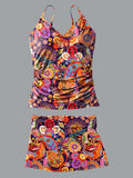 Women's Color Vintage Paisley Print Suspender Shirred Swimsuit Set