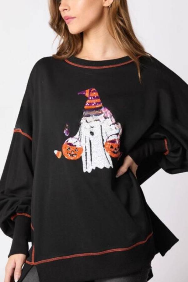 Halloween Ghost Sequined Sweatshirt Embroidered Top