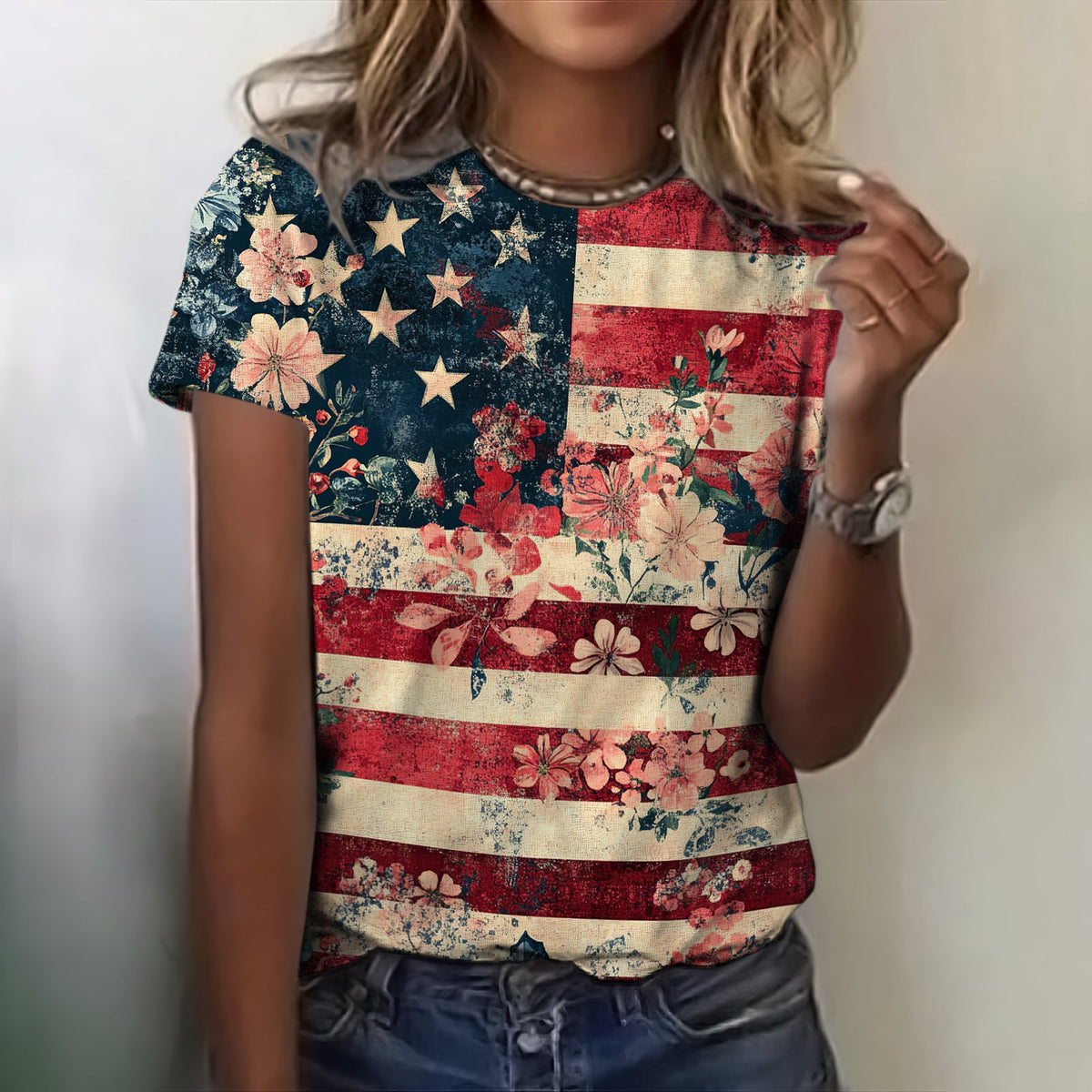 Women's Independence Day Flag And Floral Print T-shirt elevenforest