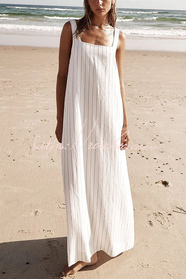 Simple and Linen Blend Pinstripe Detail Square Neck A-line Maxi Dress