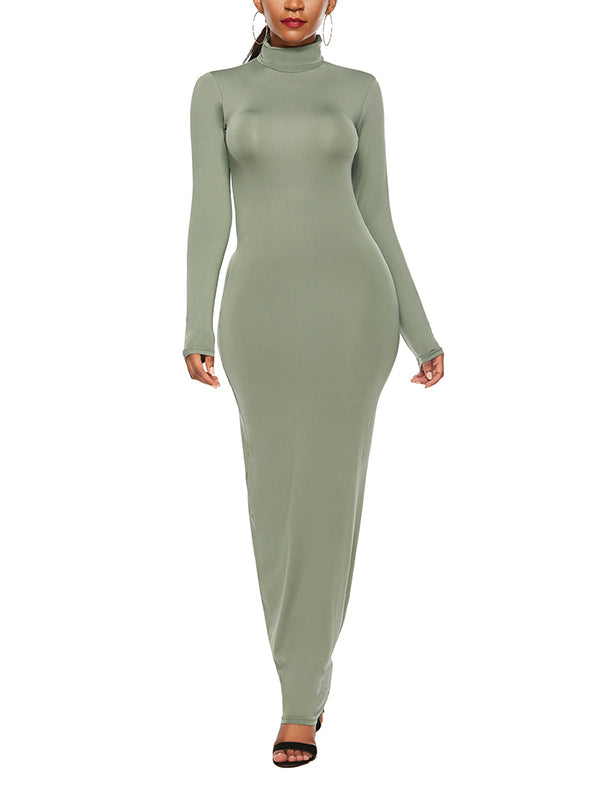 Bodycon Long Sleeves Color High Neck Maxi Dresses