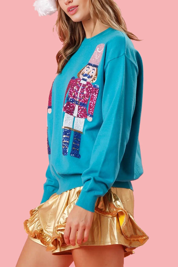 Christmas Guards Sequined Round Neck Loose Sweatshirt