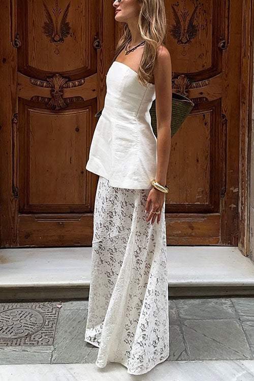 Elastic Waistband Lace Hollow Out Maxi Skirt