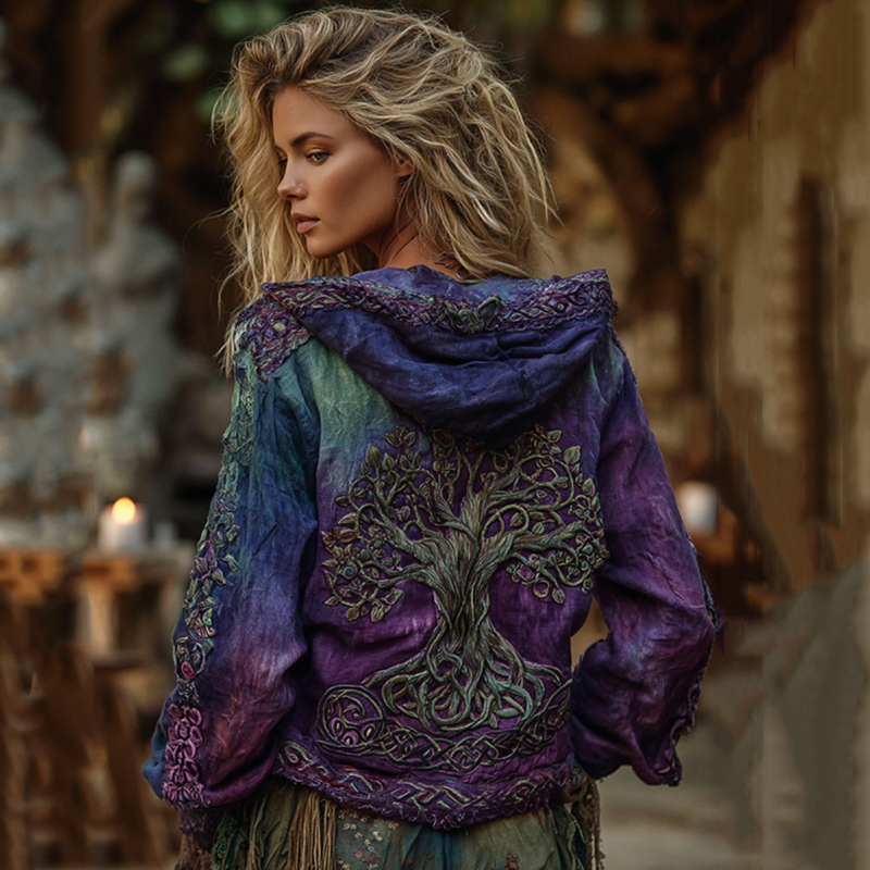 Women's Classic Viking Tree Of Life Art Gradient Comfort Hooded Linen Shirt elevenforest