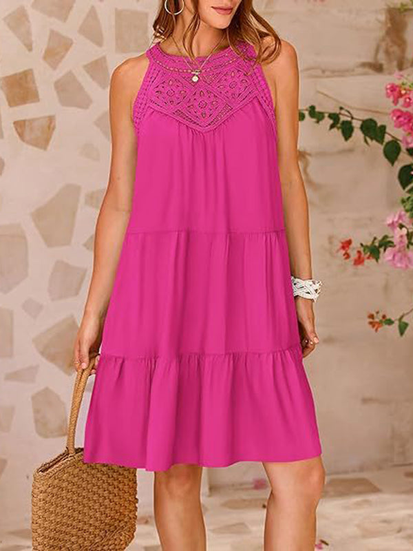 A-line Loose Hollow Pleated Color Split-joint Round-neck Mini Dresses