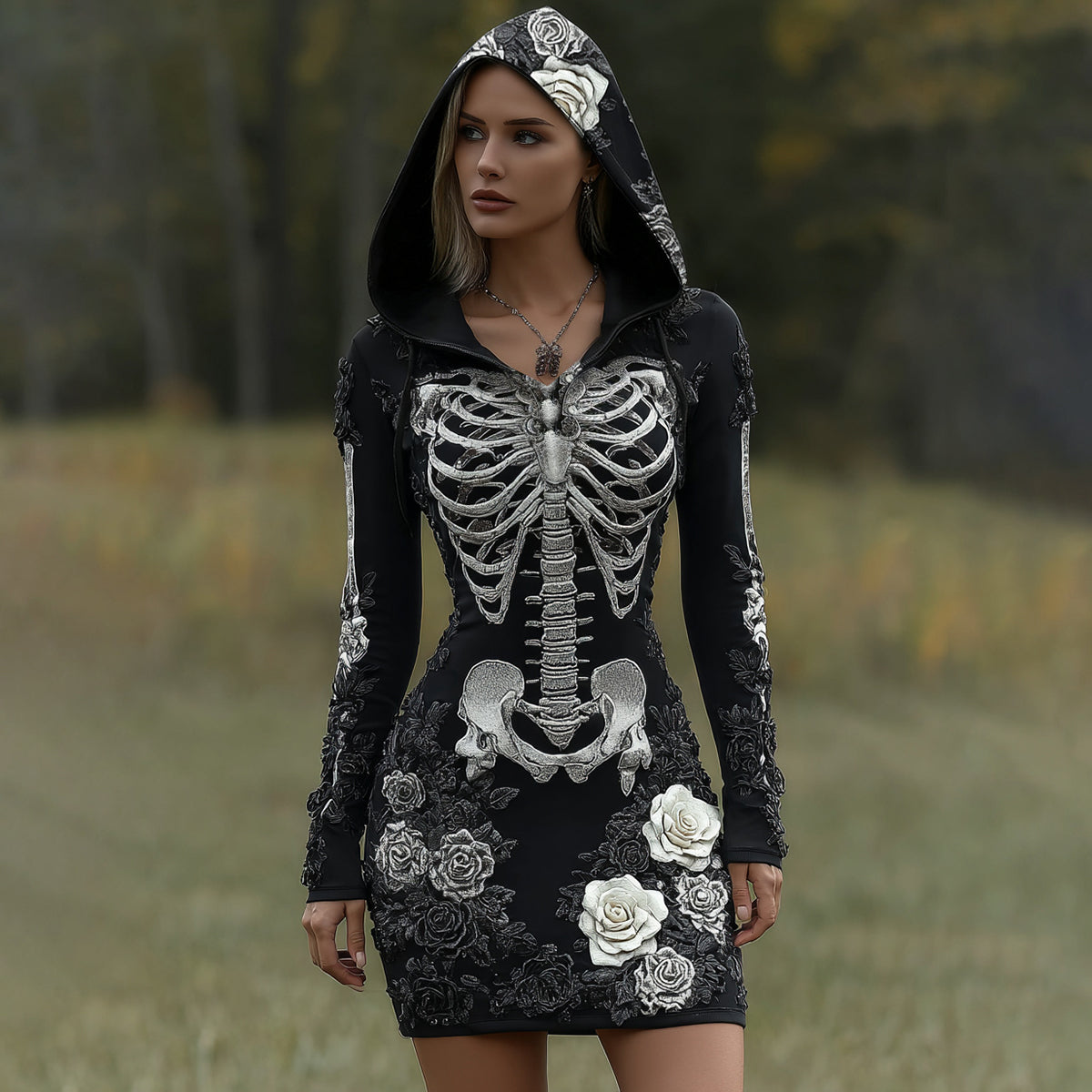 Comstylish Women's Vintage Halloween Skeleton Bones With Rose Art Cozy Knit Hooded Sweater Dress