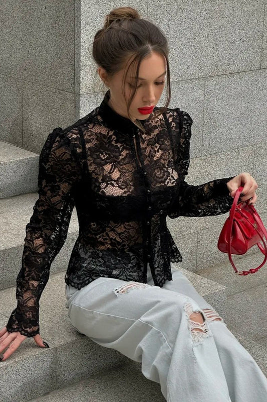 Lace Puff Sleeve Stand Collar Blouse