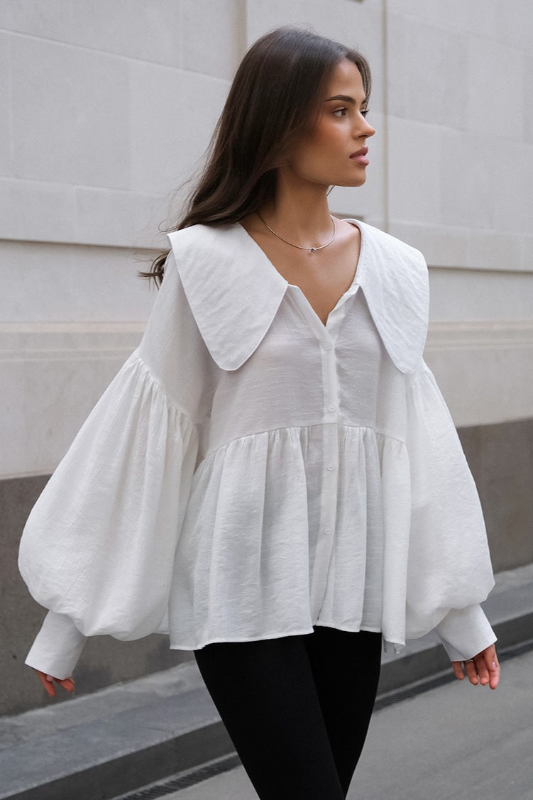 Baby Collar Pleated Puff Sleeve Blouse