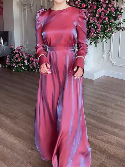 A-line Long Sleeves Pleated Color Tied Waist Zipper Round-neck Maxi Dresses