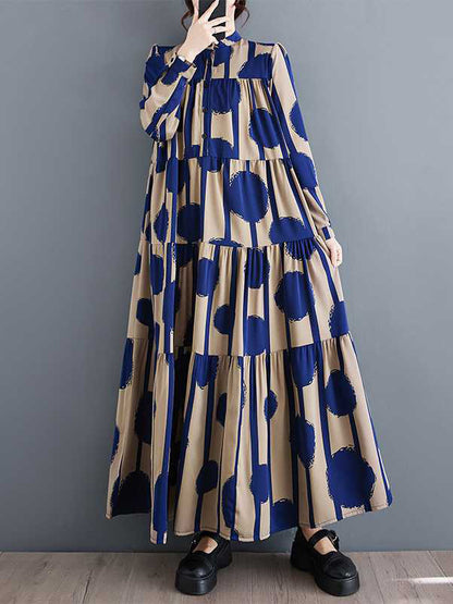 A-line Long Sleeves Buttoned Pleated Polka-dot Split-joint Stand Collar Maxi Dresses Shirt Dress