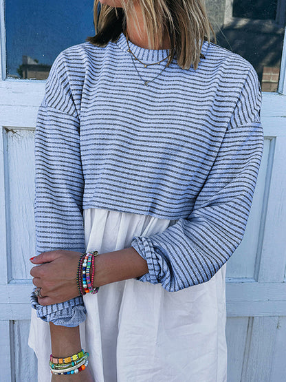 High Waisted Long Sleeves Split-joint Striped Round-neck Mini Dresses