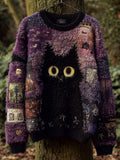 Women's Casual Vintage Halloween Black Cat Embroidered Sweater elevenforest