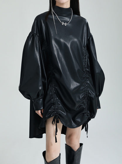 High-low Long Sleeves Drawstring Pleated Color Stand Collar Mini Dresses