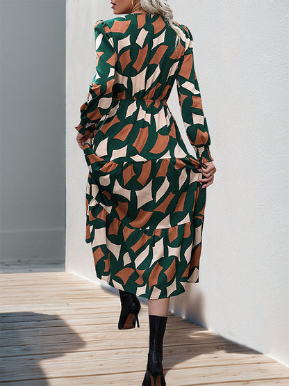 A-line Long Sleeves Buttoned Elasticity Pleated Printed Split-joint Tied Waist V-neck Midi Dresses