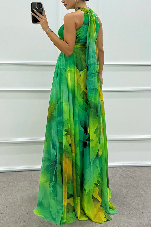 Elaine Tulle Splash Print Cutout Halter Tie-up Neck Gown Maxi Dress