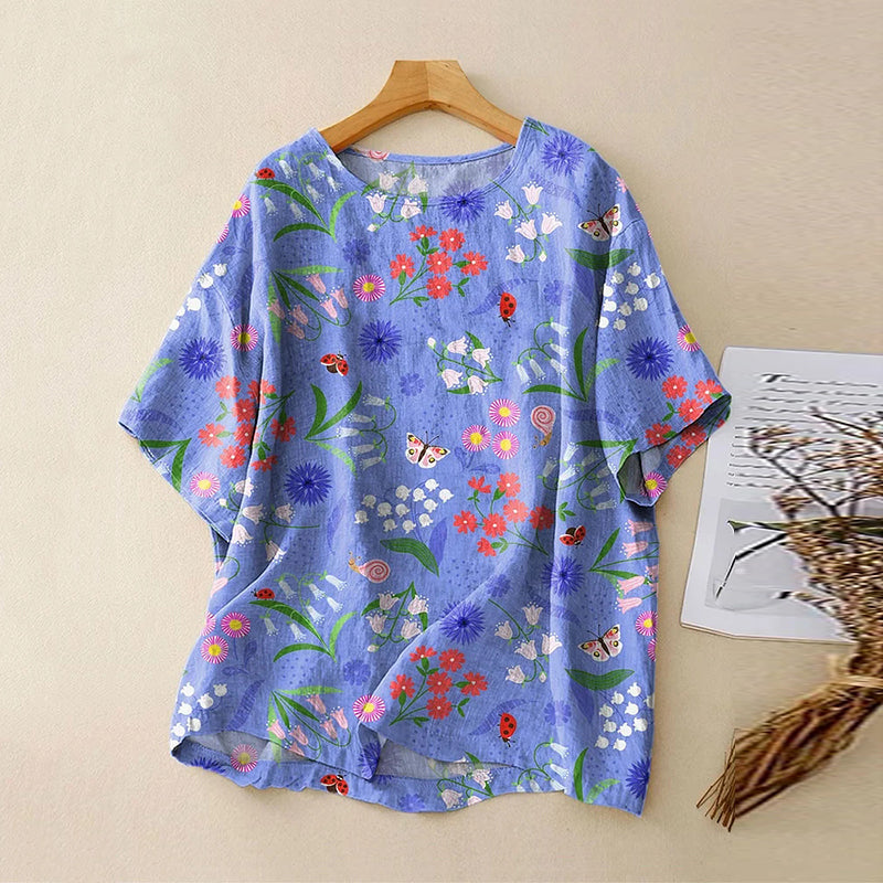 Women's Vintage Colorful Flower Art Print Casual Linen Shirt elevenforest