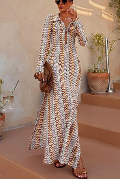 Cardigan Beach Knitted Colorful Wave Print Long Sleeved Vacation Dress