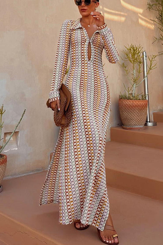 Cardigan Beach Knitted Colorful Wave Print Long Sleeved Vacation Dress