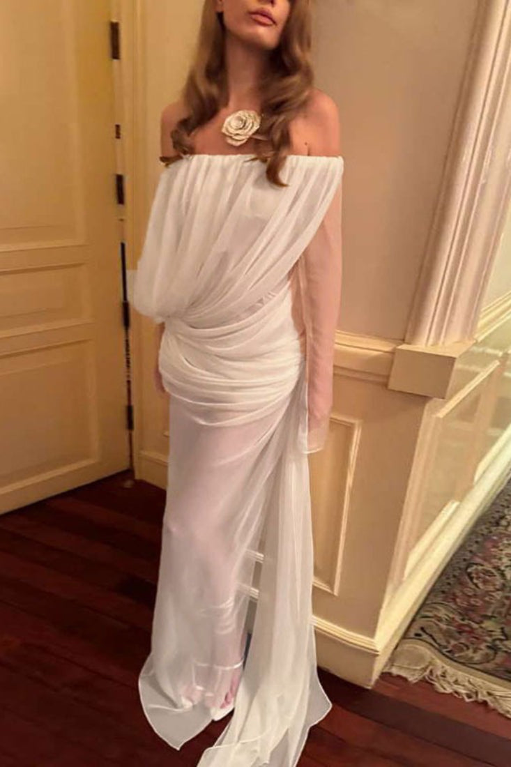 Mesh Sheer Off Shoulder Ruched Maxi Dress