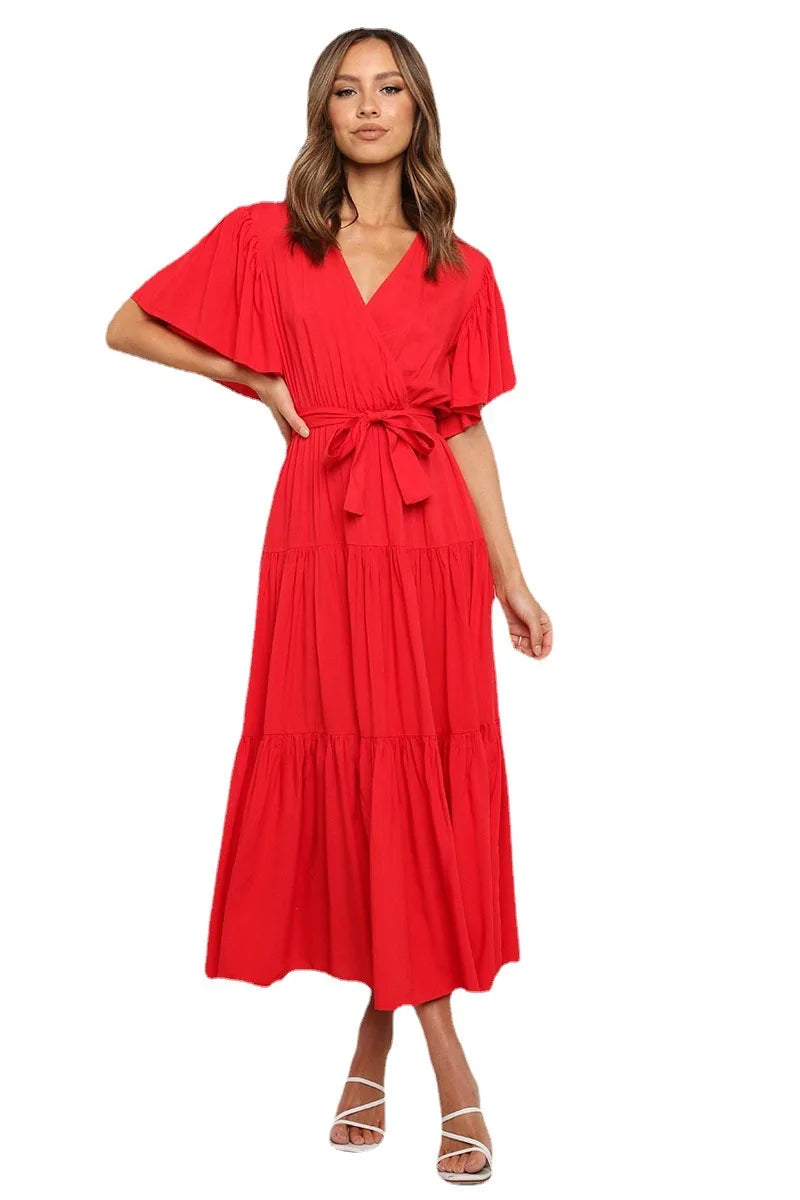 Color Ruffles Long Dresses V-neck Ruffle Sleeves Leace-up Temperament Lady Dress Summer New